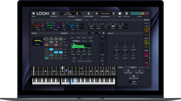 A laptop computer displaying the Loon digital audio workstation software interface, featuring a dark UI with knobs, sliders, a virtual keyboard, and colorful active regions.